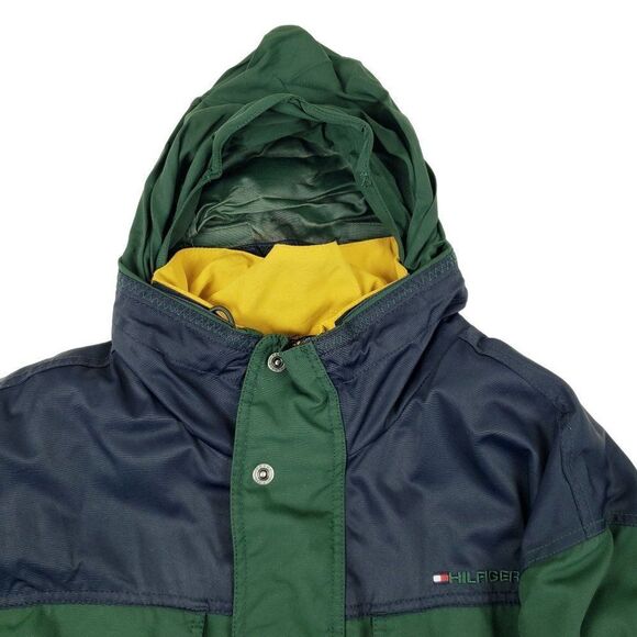Vtg Tommy Hilfiger Men's Large Fleece Lined Hooded Green Blue Yellow Rain Jacket - Picture 3 of 15